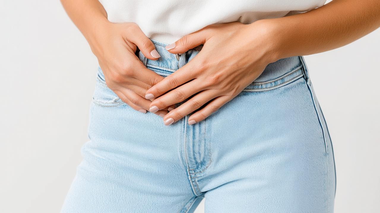 Woman clutching lower abdomen